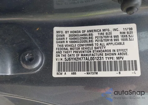 2010 Honda Element Ex из США, поврежденный, VIN 5J6YH2H77AL001231